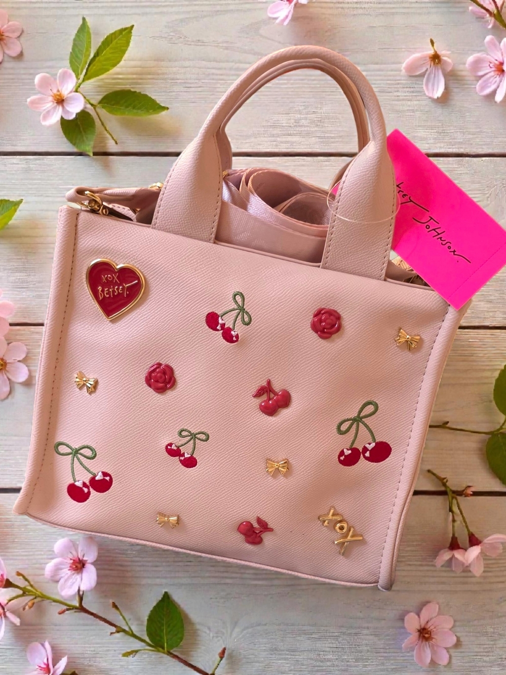 NWT Betsey Johnson Light Pink Cherry Studded Mini Tote Crossbody Satchel